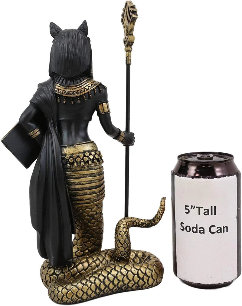 11"H Egyptian Bastet Cat With Snake Holding Spear & Shield Statue 11"H-3