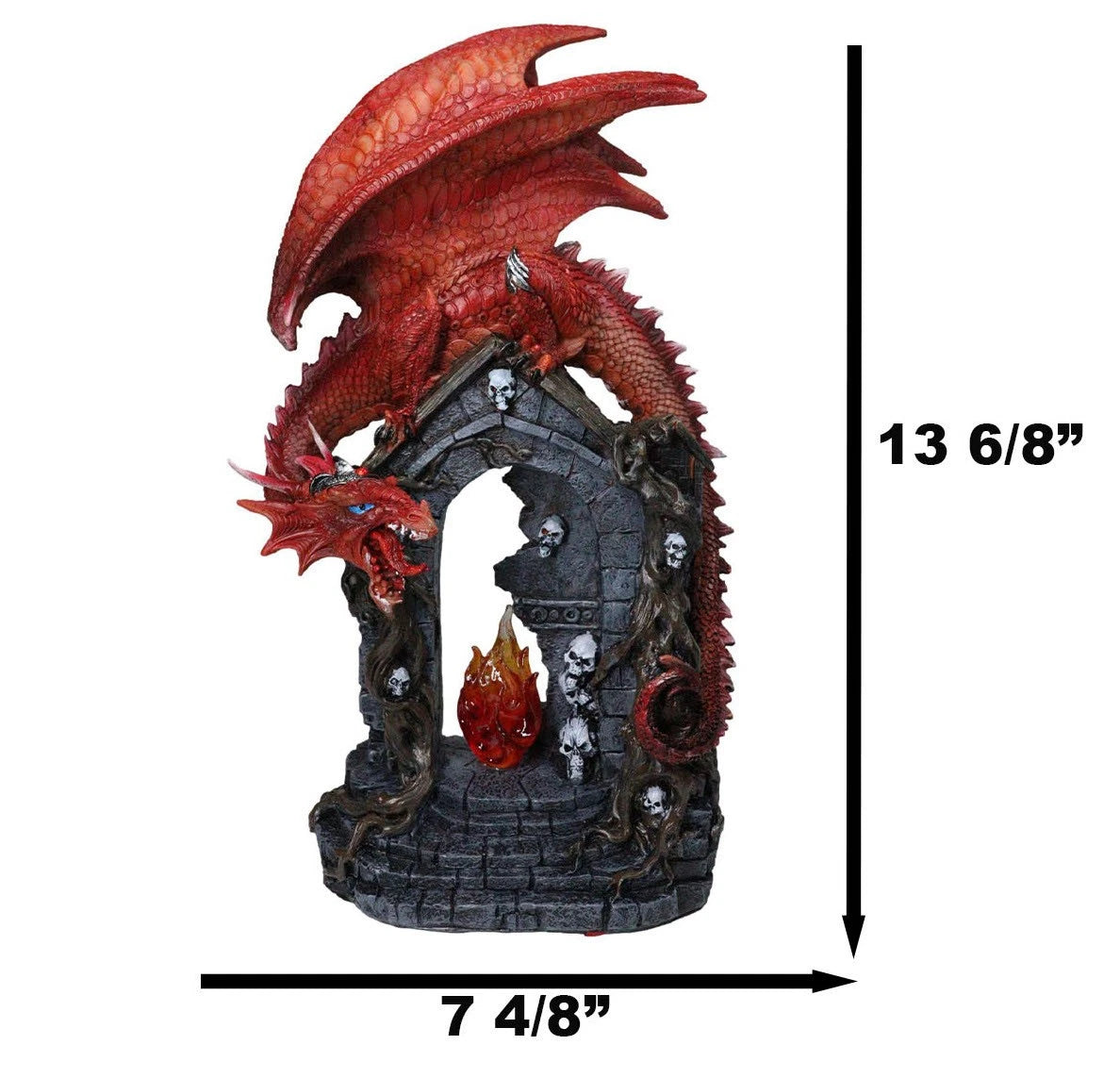 Figura de dragón rojo medieval sobre una tumba gótica con calaveras y llama de fuego LED-5