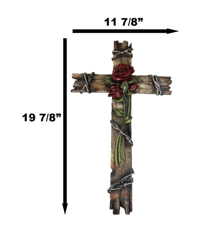 Rustic Western Faux Wooden Valentine Love Red Roses With Barbed Wires Wall Cross-3