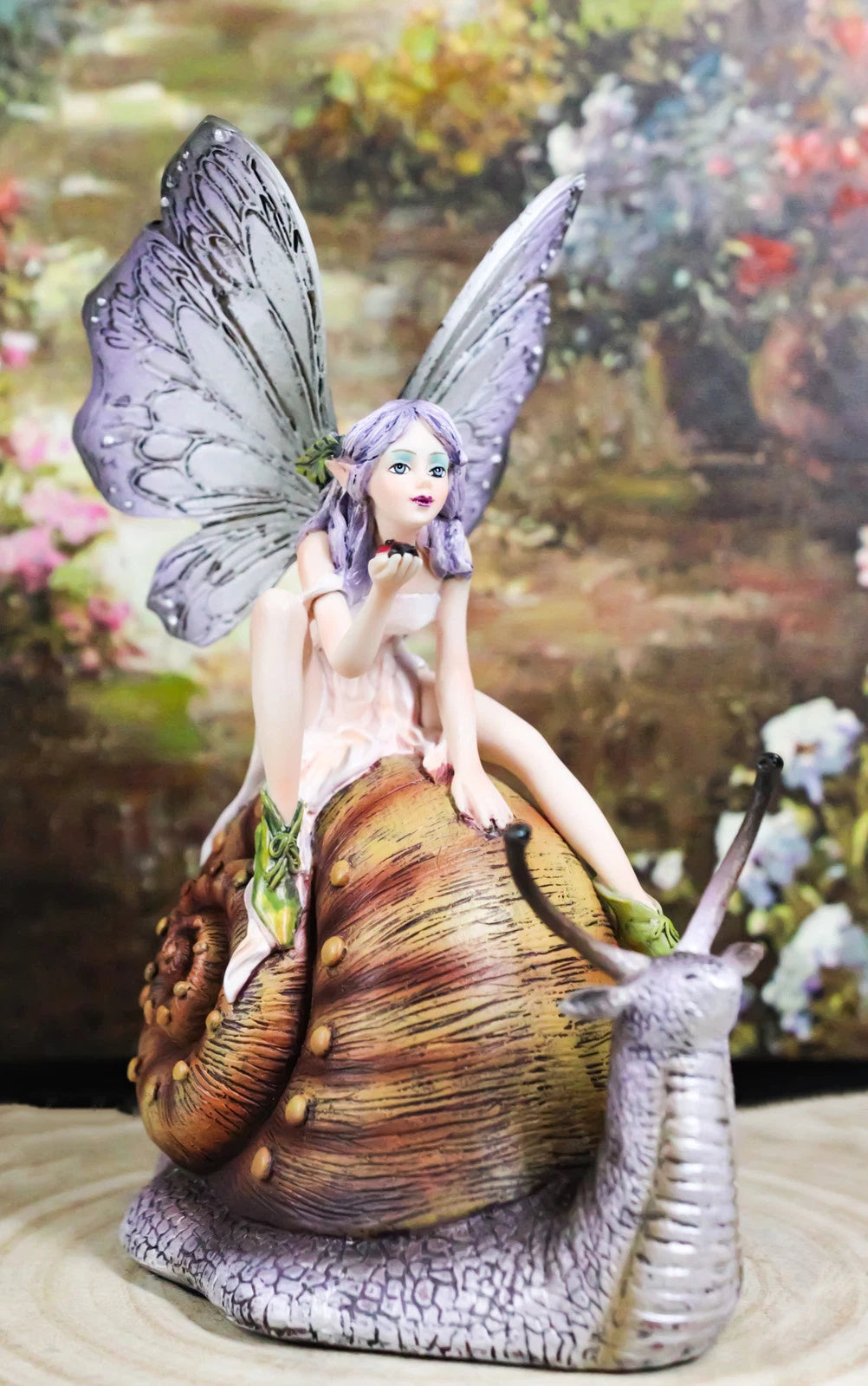 Fantasy Purple Elf Pixie Fairy Ladybug Sitting On Giant Snail Mollusk Figurine-1