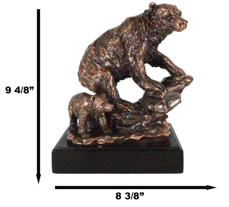Black Bear Mother With Cub Climbing Rock Bronze Electroplated Resin Statue 9"H-5