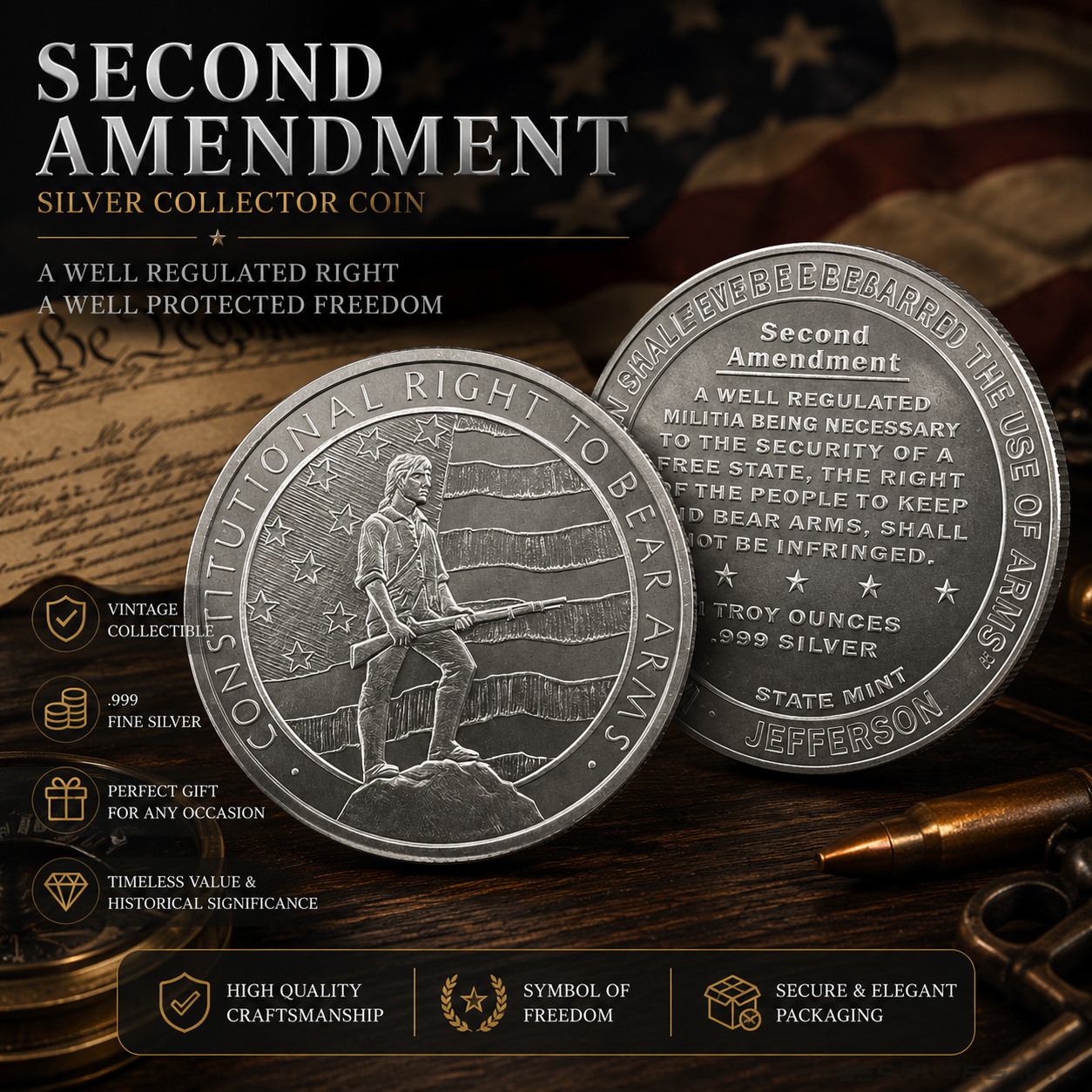 5oz GSM Second Amendment Right to Bear Arms BU Silver Round Coin in CAPSULE!-1