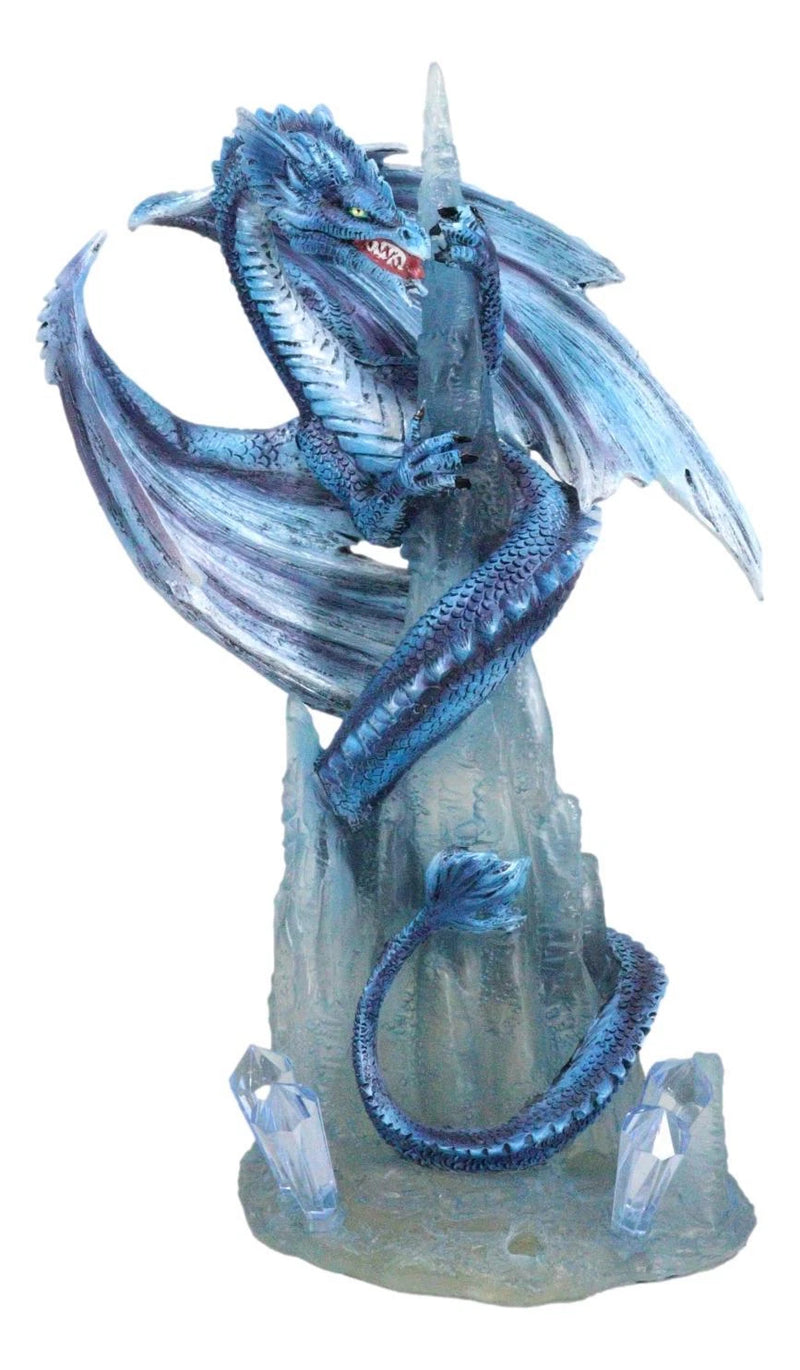 Frozen Stalactite Blue Dragon Serpent On Spiky Ice Mountain Cliff Figurine-2