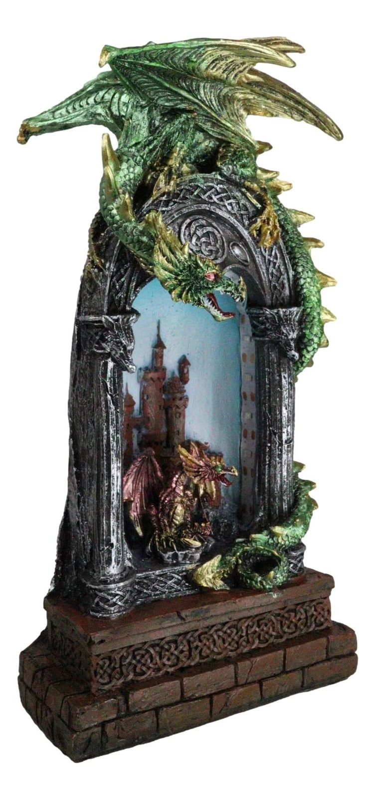 Green Dragon Perching On Celtic Arch Columns With Red Wyrmling LED Light Statue-7