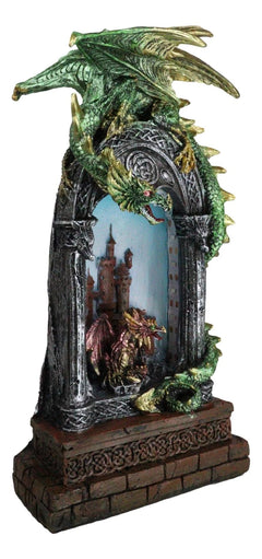 Green Dragon Perching On Celtic Arch Columns With Red Wyrmling LED Light Statue-7