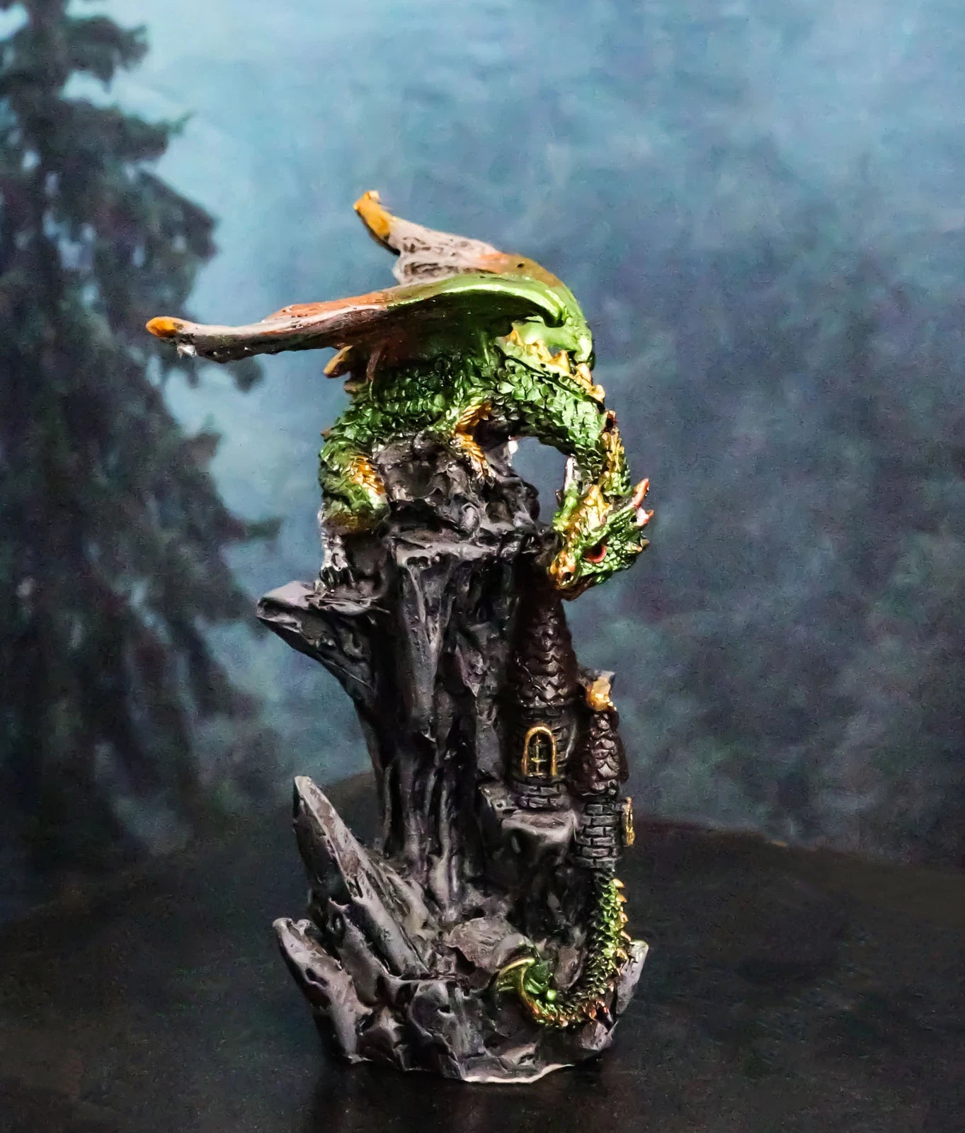 Metallic Golden Green Dragon Guarding Castle Tower On Mountain Cliff Figurine-2