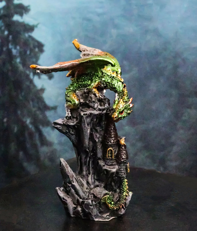 Metallic Golden Green Dragon Guarding Castle Tower On Mountain Cliff Figurine-2