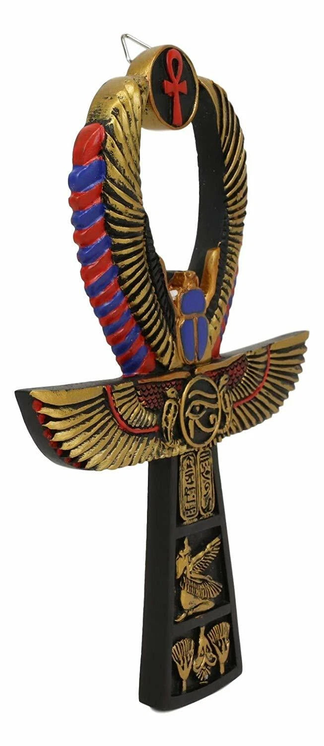 Egyptian Golden Ankh Scarab Maat and Eye of Horus Wall Decor Figurine 8" H-2