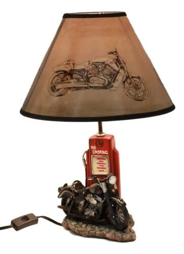 Lámpara de mesa de escritorio con pantalla, estilo retro, con surtidor de gasolina y motocicleta-1