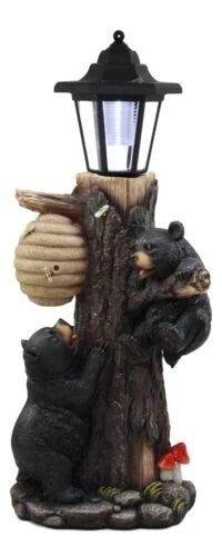 Large Climbing Black Bear Cubs With Beehive Statue W/ Solar LED Lantern Light-4