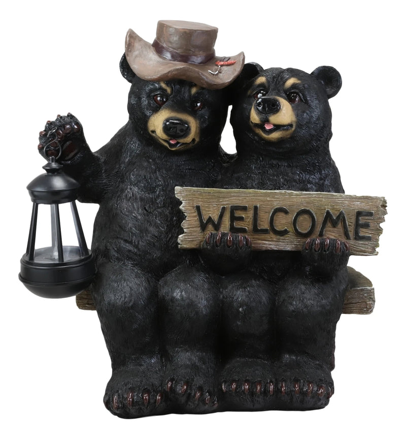 Rustic Black Bear Couple By Bench With Welcome Sign & LED Lantern Garden Statue-4