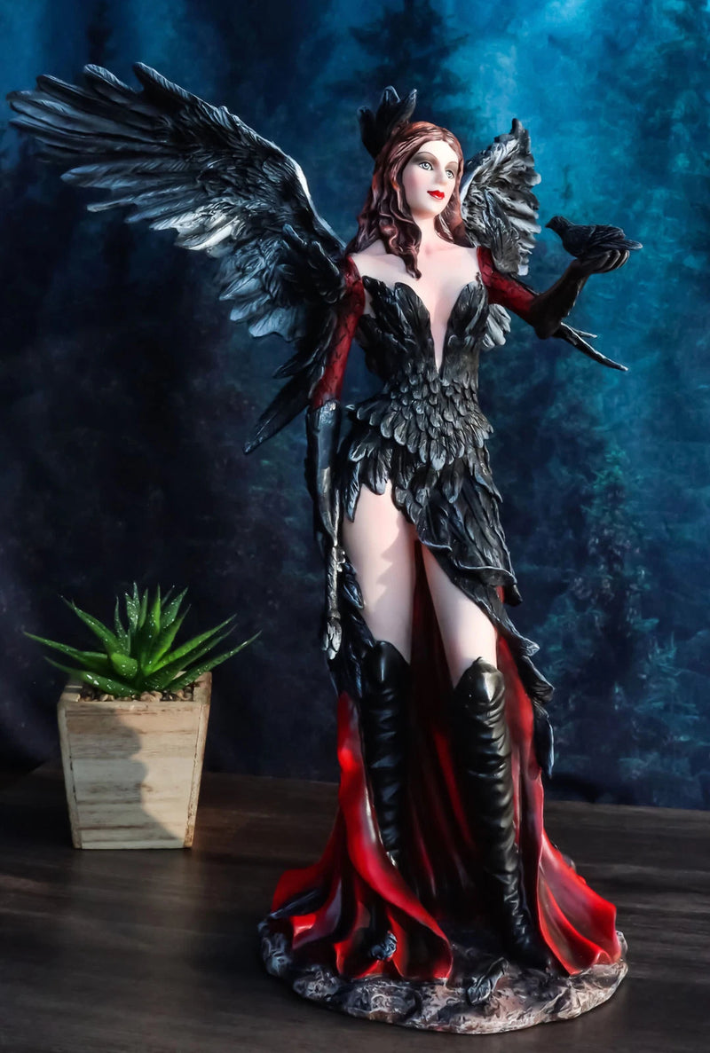 Gothic Raven Crow Trainer Angel Fairy In Black And Crimson Feather Gown Statue-5