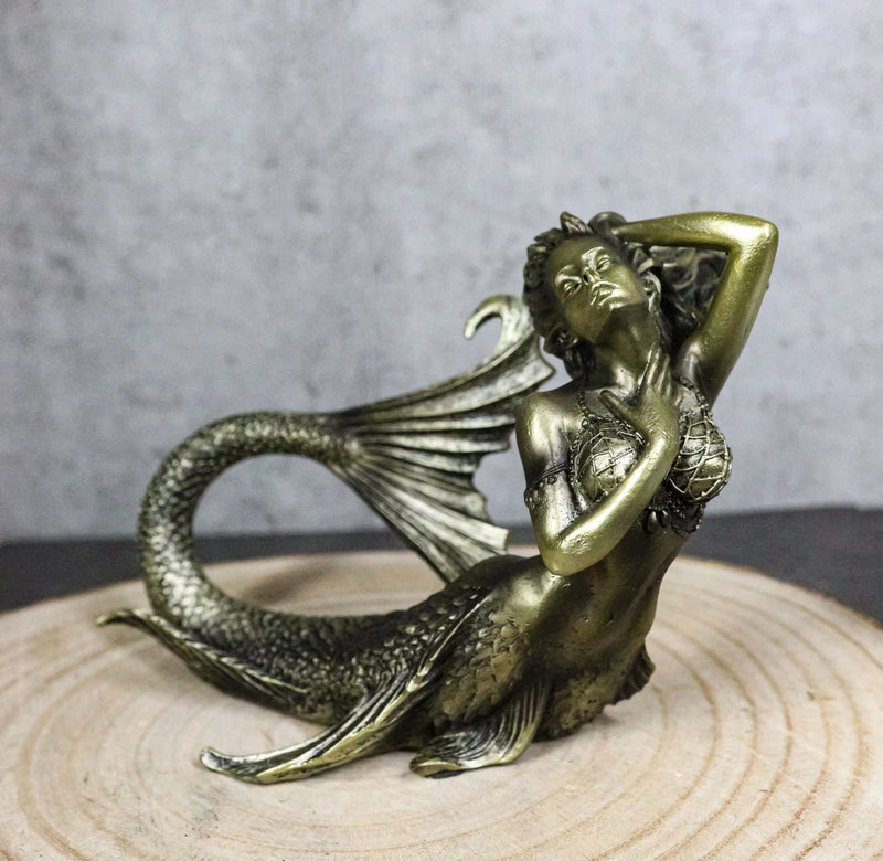 Nautical Aged Bronze Resin Seductive Mermaid Siren With Fishnets Figurine 7"L-1
