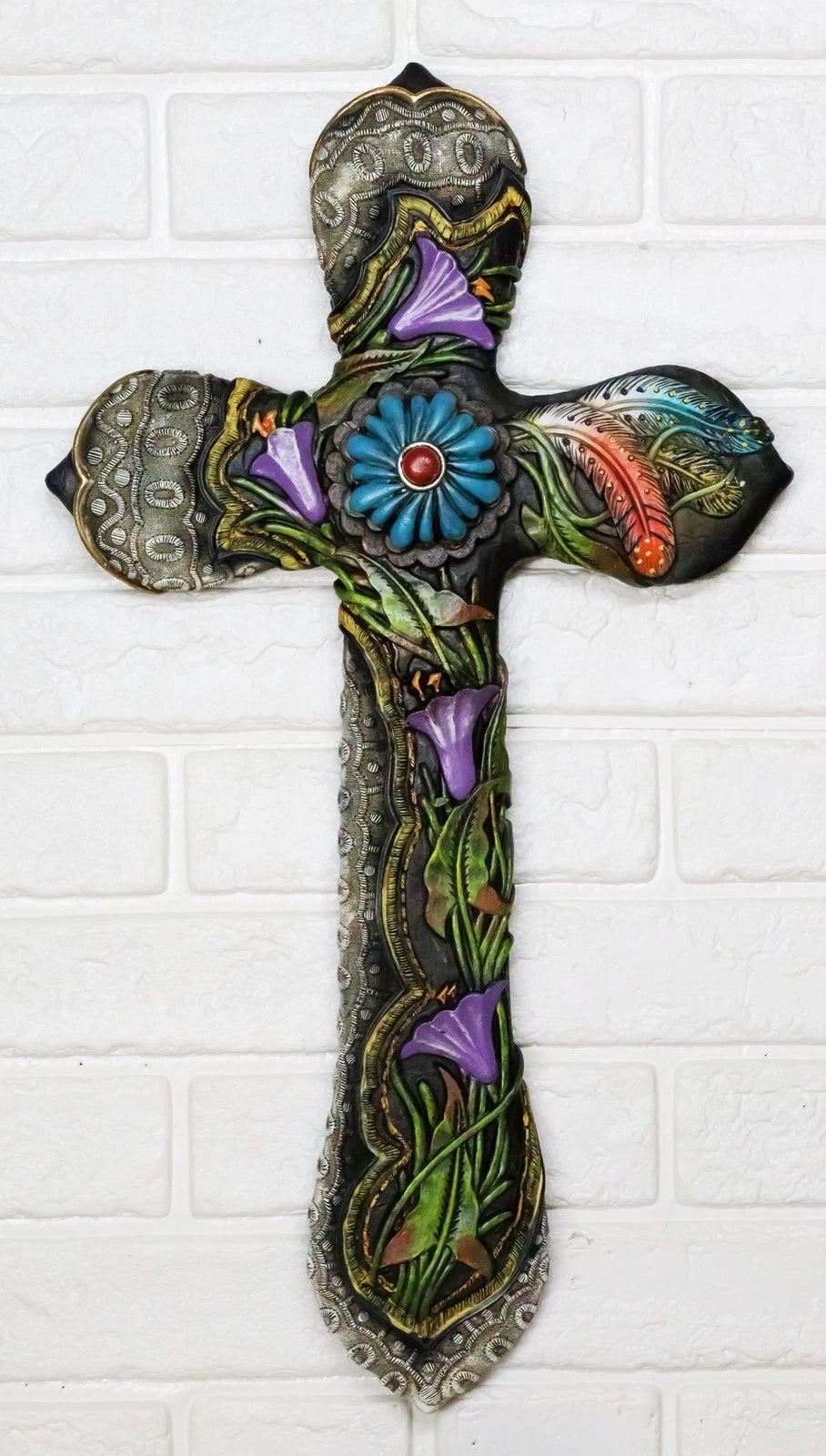 Colorful Floral Blooms And Vines With Southwestern Feathers Wall Cross Plaque-1