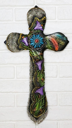 Colorful Floral Blooms And Vines With Southwestern Feathers Wall Cross Plaque-1