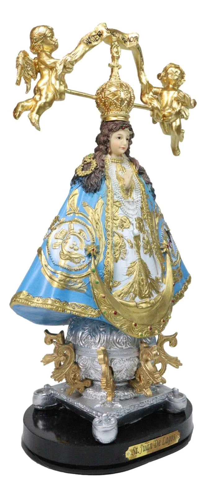 Our Lady of San Juan De Los Lagos with Golden Crown And Angels Figurine 12"H