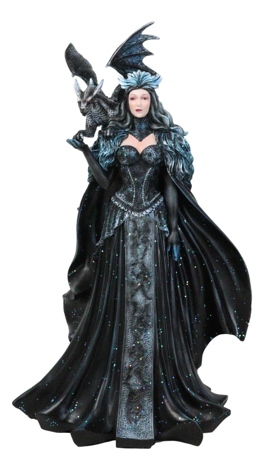 Large Gothic Necromancy Black Dragon Witch Dark Queen In Long Gown Statue-4
