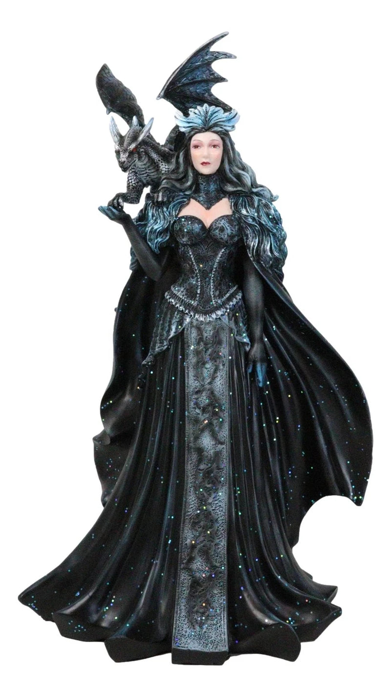Large Gothic Necromancy Black Dragon Witch Dark Queen In Long Gown Statue-4
