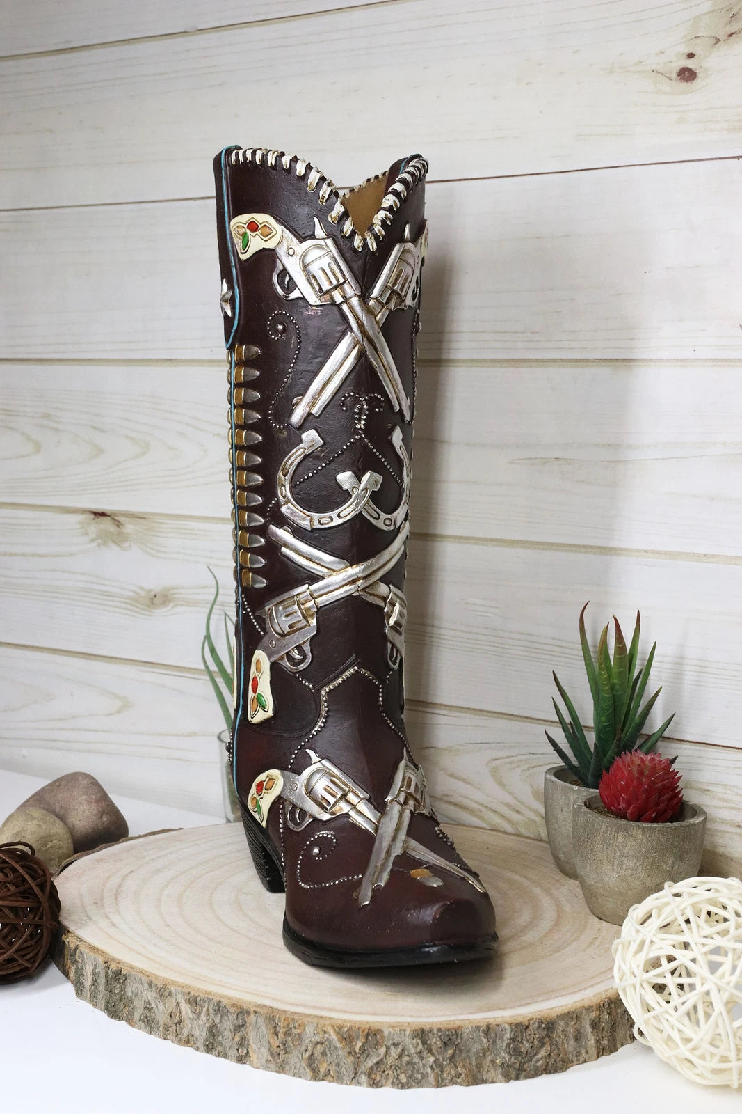 Six Shooter Pistols And Bullets Cowboy Boot Decorative Vase Planter Figurine-4