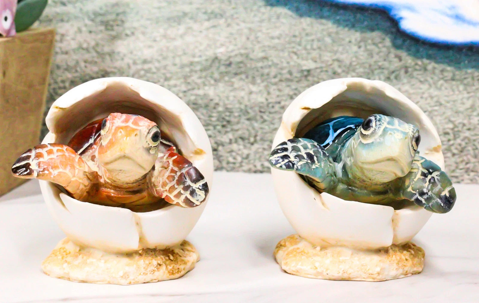 Pack Of 2 Marine Blue And Brown Sea Turtle Hatchlings In Egg Shells Figurines-1