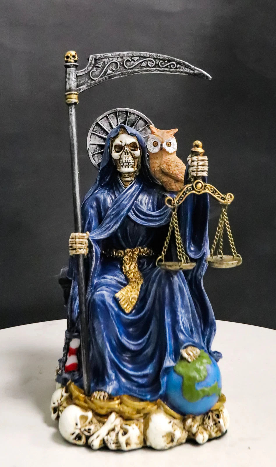 Seated Blue Santa Muerte With Scythe Scales of Justice And Wise Owl Figurine 9"H
