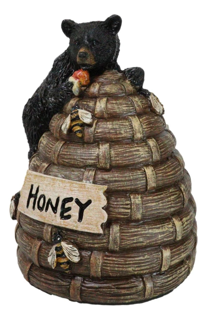 Rustic Forest Black Bear Climbing On Honey Beehive with Bumblebees Figurine-4