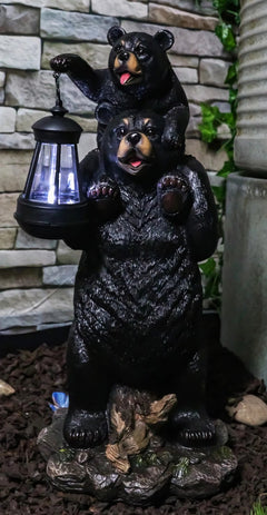 Rustic Black Bear Carrying Cub On Shoulder Statue Solar LED Lantern Light Decor-2