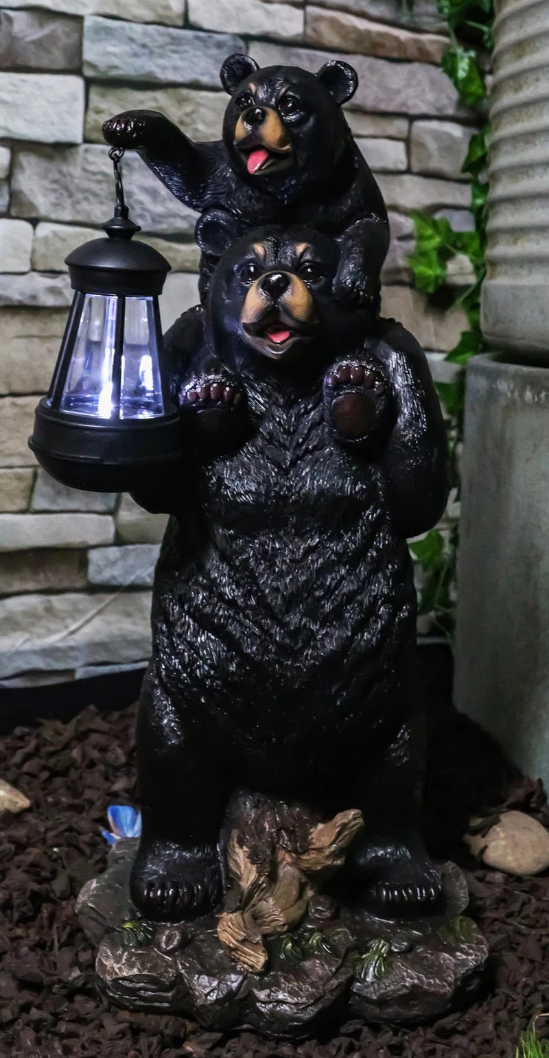Rustic Black Bear Carrying Cub On Shoulder Statue Solar LED Lantern Light Decor-2