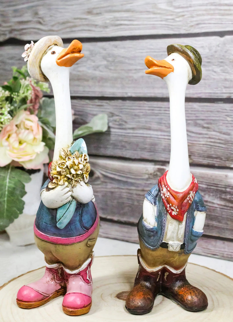 Set of 2 Western Cowboy Cowgirl Ducks With Hats Scarves And Boots Figurines-1