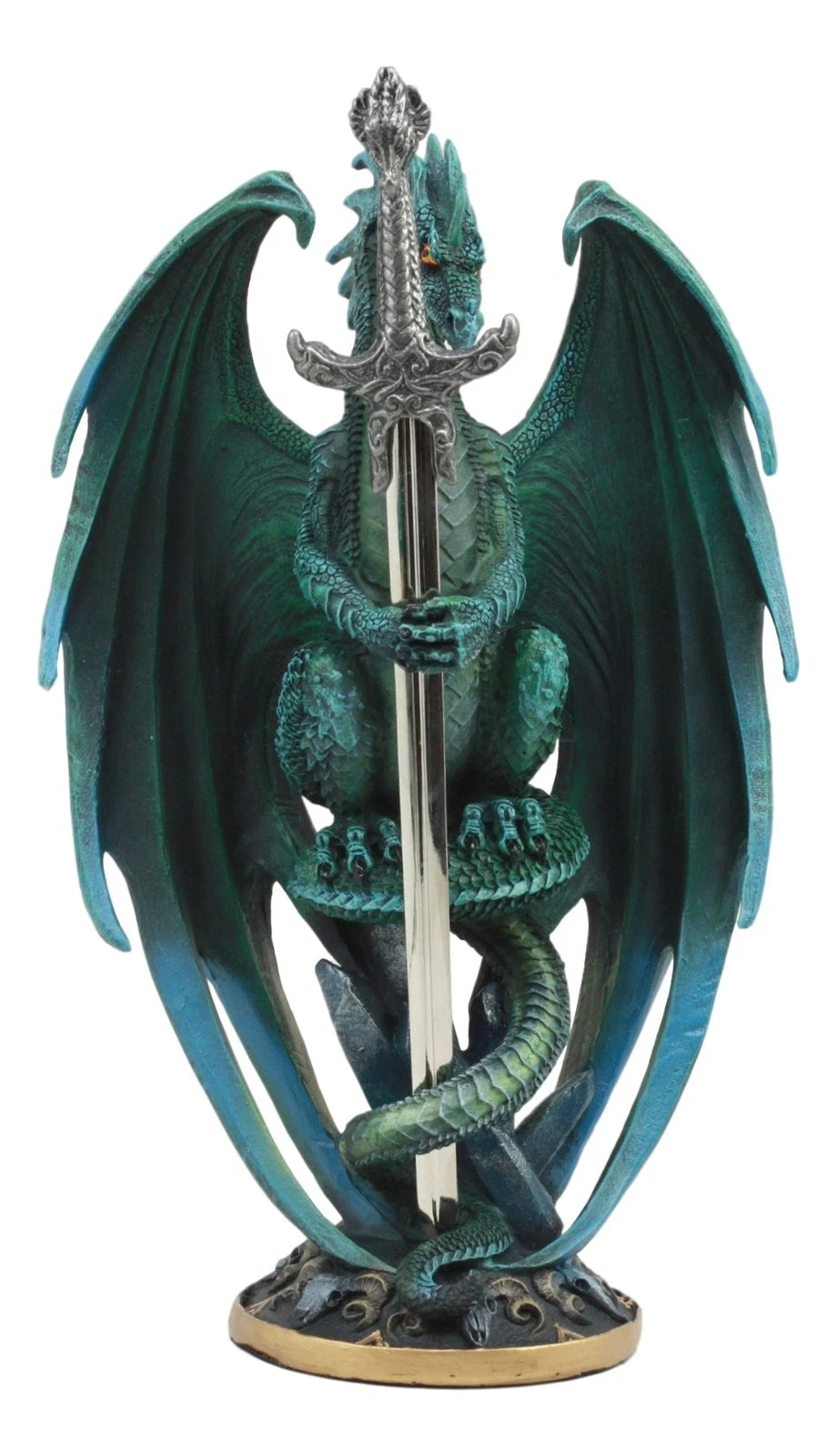 Ram Skull Blade Green Dragon Statue with Dragon Letter Opener Blade 10"H-4