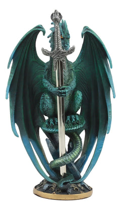 Ram Skull Blade Green Dragon Statue with Dragon Letter Opener Blade 10"H-4