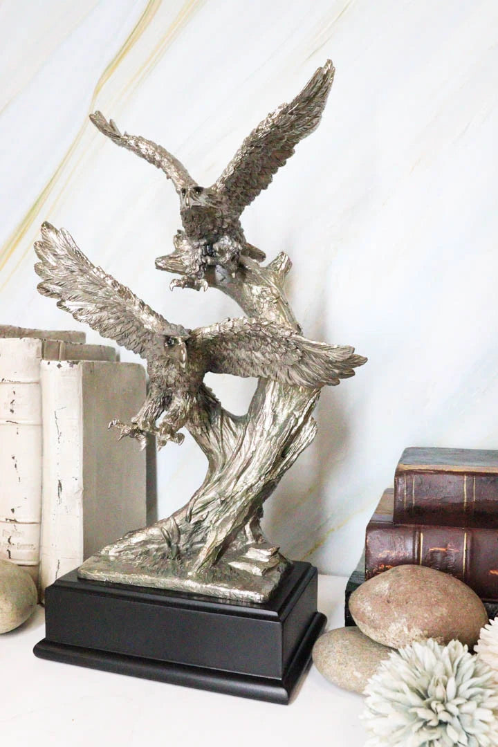 Large King Of The Skies Electroplated Silver Bald Eagles Taking Flight Statue-3
