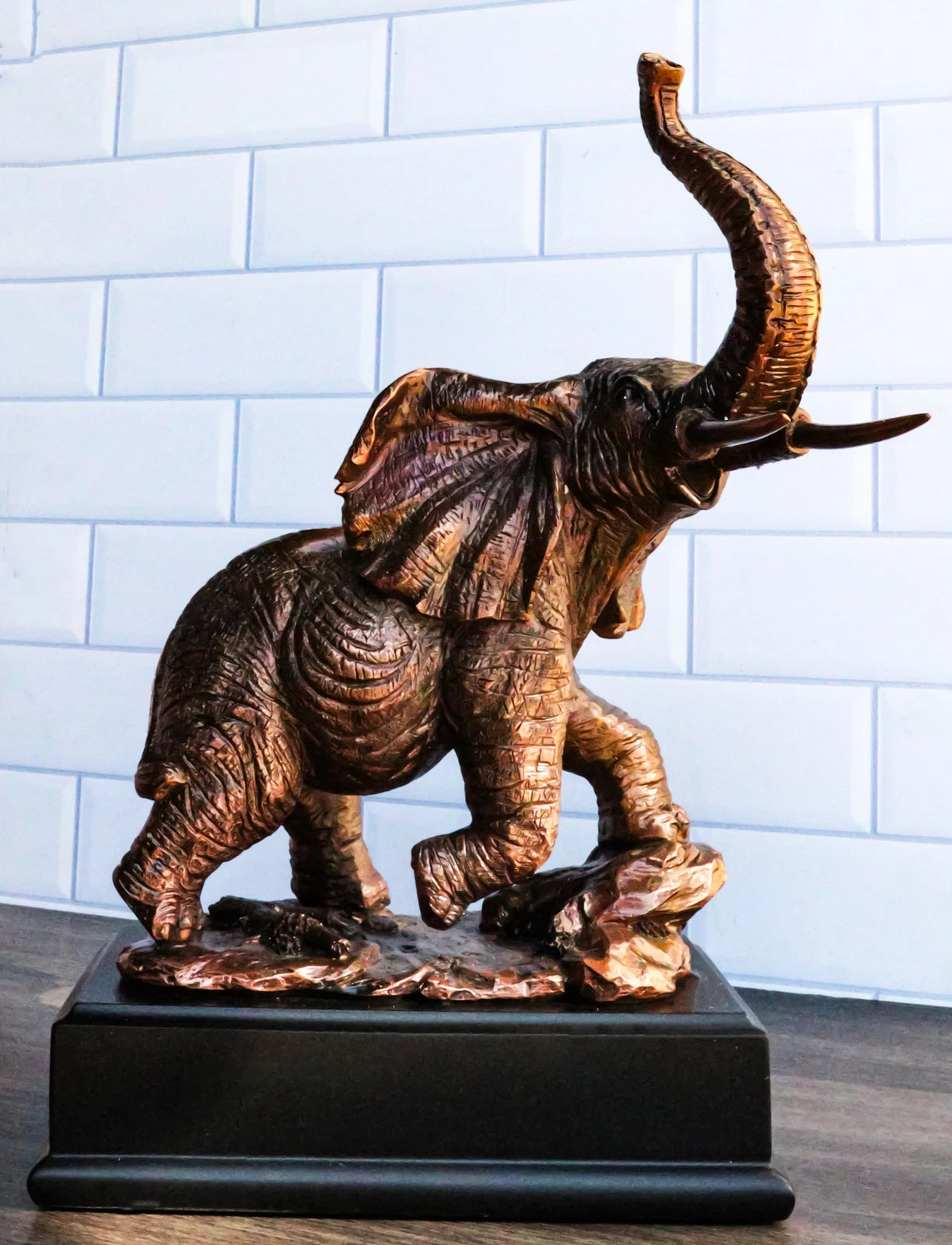 Safari Elephant Trumpeting Bronze Electroplated Figurine With Base 10.75"H-5