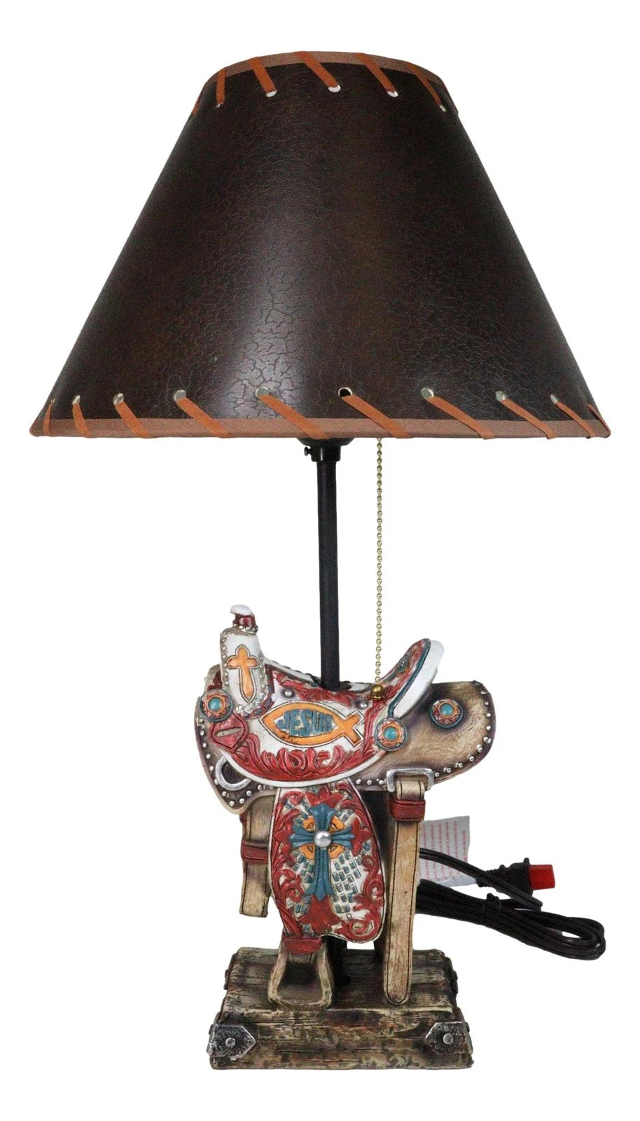 Rustic Western Cowboy Horse Saddle with Ichthys Jesus Fish Symbol Table Lamp-3