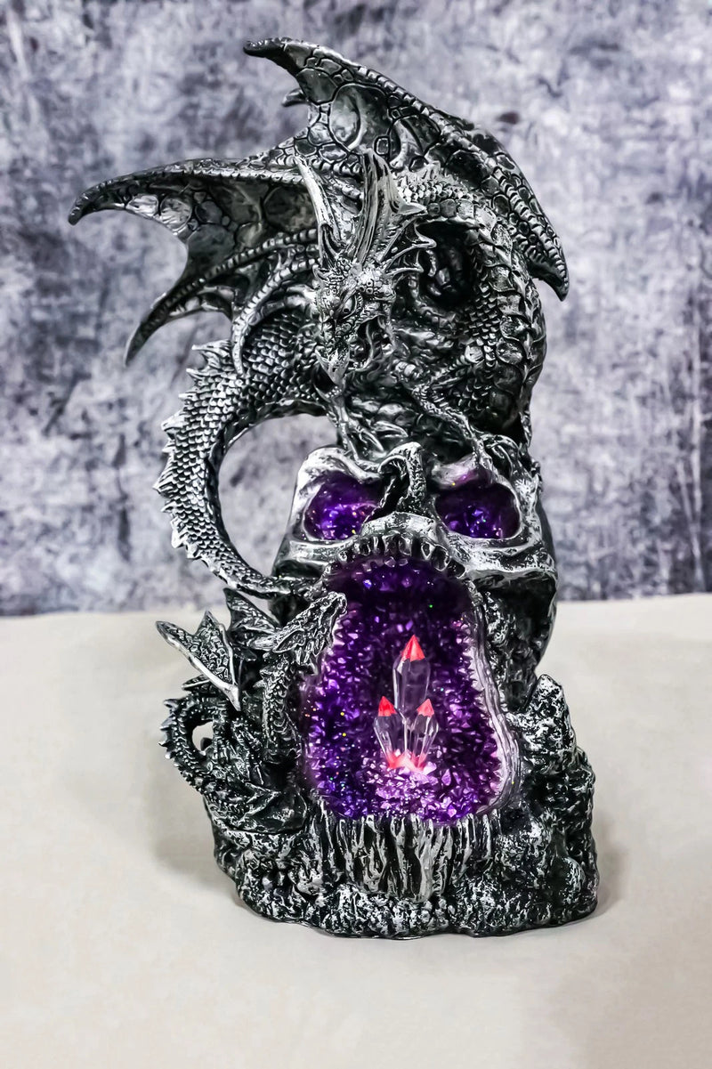Silver Gothic Dragon On Oversized Skull with Faux Geode Crystal LED Figurine-1
