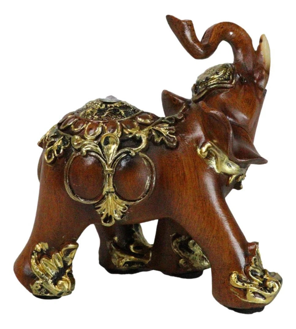 Feng Shui Faux Wood Left Facing Trunk Up Elephant With Golden Tapestry Figurine-5