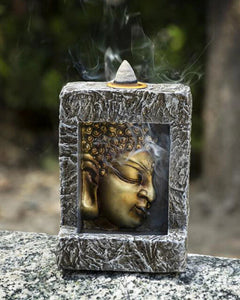 Gautama Buddha Face Faux Stone Mini Relief Bracket Backflow Incense Cone Burner-1