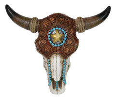 Western Star Tooled Leather Steer Bison Buffalo Bull Cow Horned Skull Wall Decor-7
