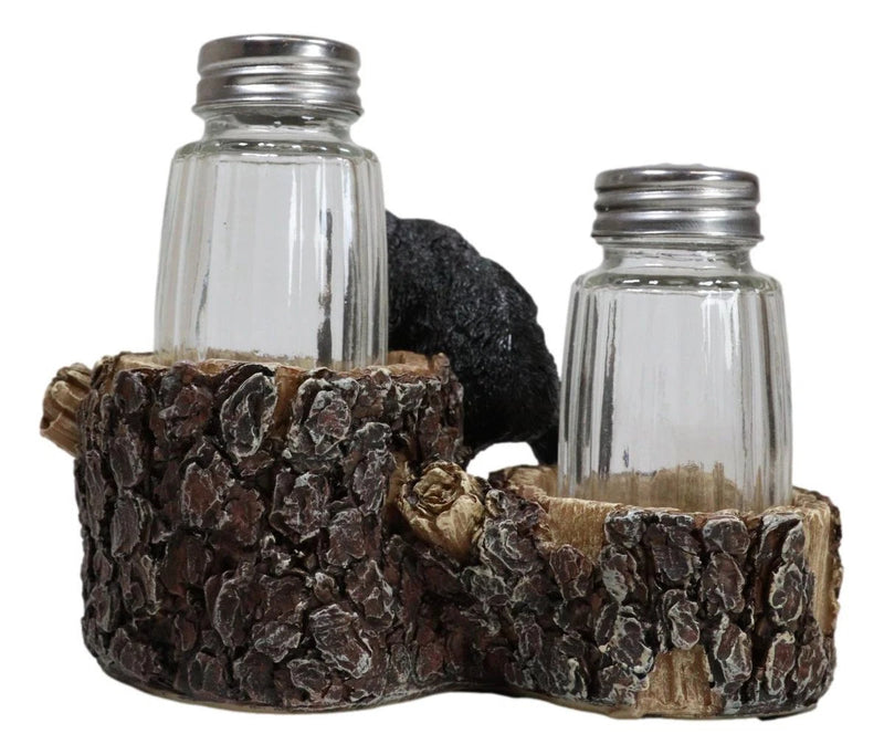 Rustic Forest 2 Black Bear Cubs Playing By Tree Logs Salt Pepper Shakers Holder-5