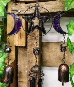 Stained Glass Triple Moons Pentagram Sacred Geometry Metal Wind Chime Suncatcher-2