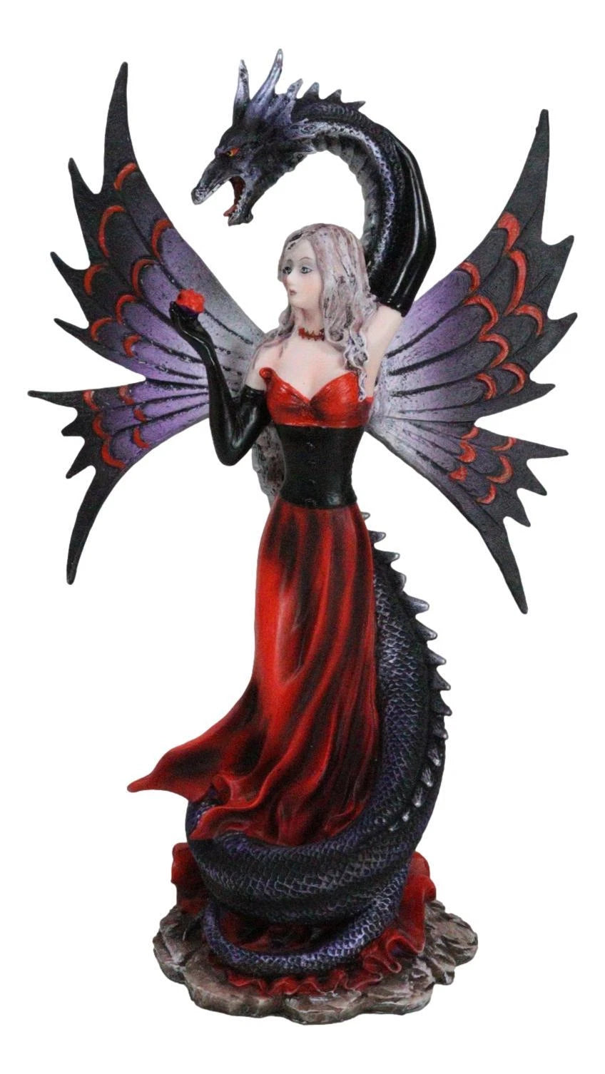 Fantasy Red Gowned Gothic Rose Fairy With Black Grendel Volcano Dragon Figurine-5