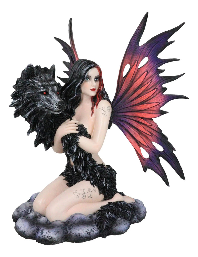 Large Gothic Fairy Goddess Artemis Holding Black Wolf Home Decor Figurine 13"H-4