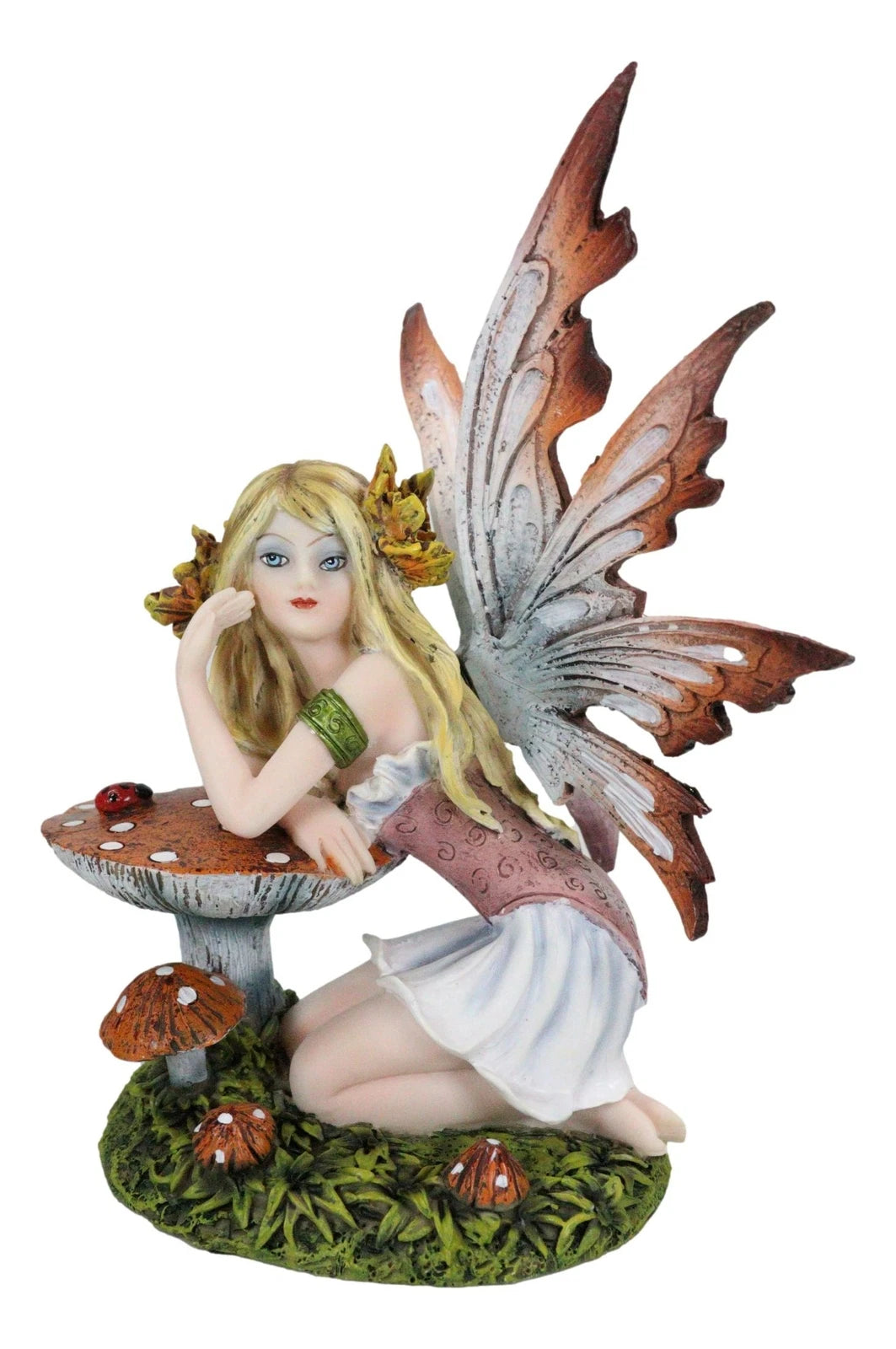 Enchanted Forest Fall Ladybug Mushroom Fairy Sitting by Toadstools Figurine-5