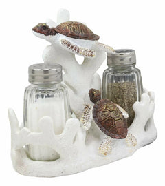 Nautical Coral Reef With 2 Sea Turtles Salt And Pepper Shakers Holder Set-3