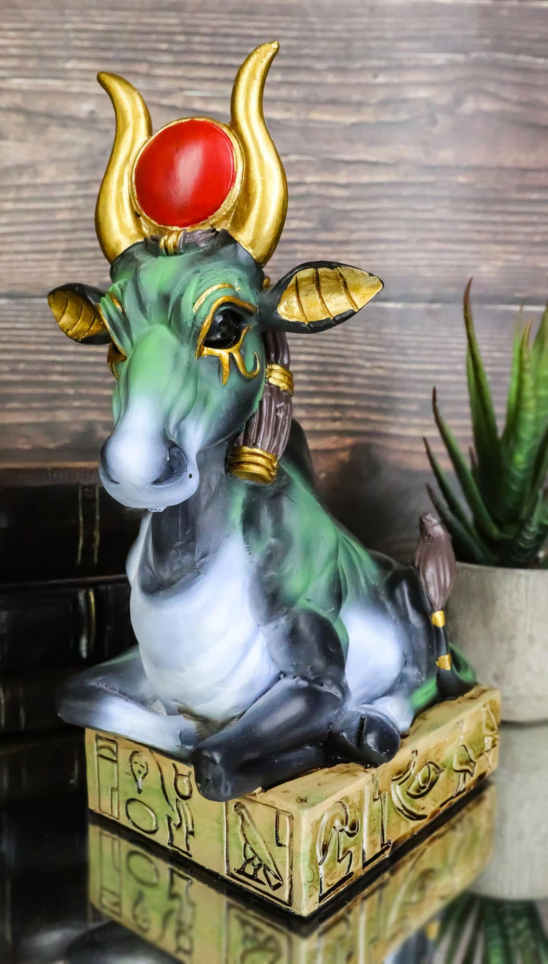 Egyptian Goddess Of Love Hathor Ra Cow Sitting On Hieroglyphic Base Figurine-1