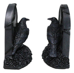 Raven Figurine, 8" Crow Perching on Black Roses Tombstone Gothic Figurine Bookends for Shelf, Desk, Home, or Gothic Room Decor Collectible-3