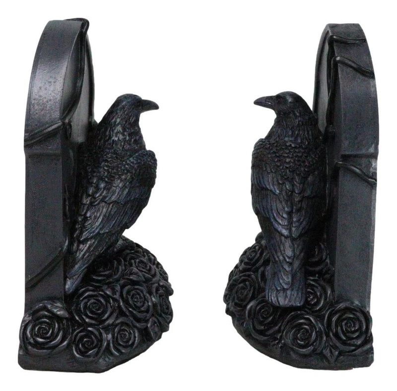 Raven Figurine, 8" Crow Perching on Black Roses Tombstone Gothic Figurine Bookends for Shelf, Desk, Home, or Gothic Room Decor Collectible-3