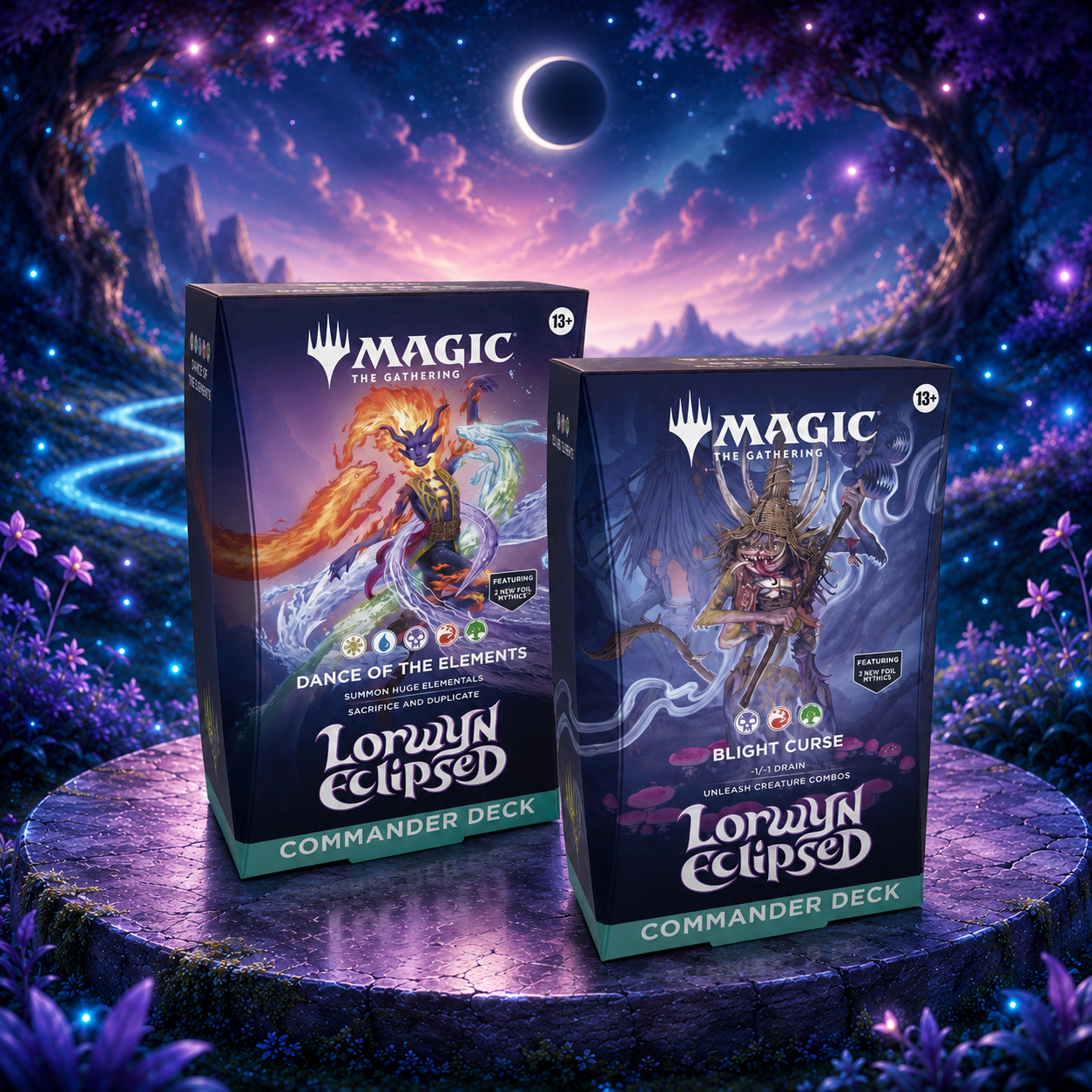 Magic: The Gathering Lorwyn Eclipsed ECL Dance of the Elements & Blight Curse Commander Deck 2-Box Set, Ashling and Auntie Ool, Two 100-Card Ready-to-Play English Factory Sealed TCG Decks for Multiplayer and Collecting, Great Gift for Magic Fans