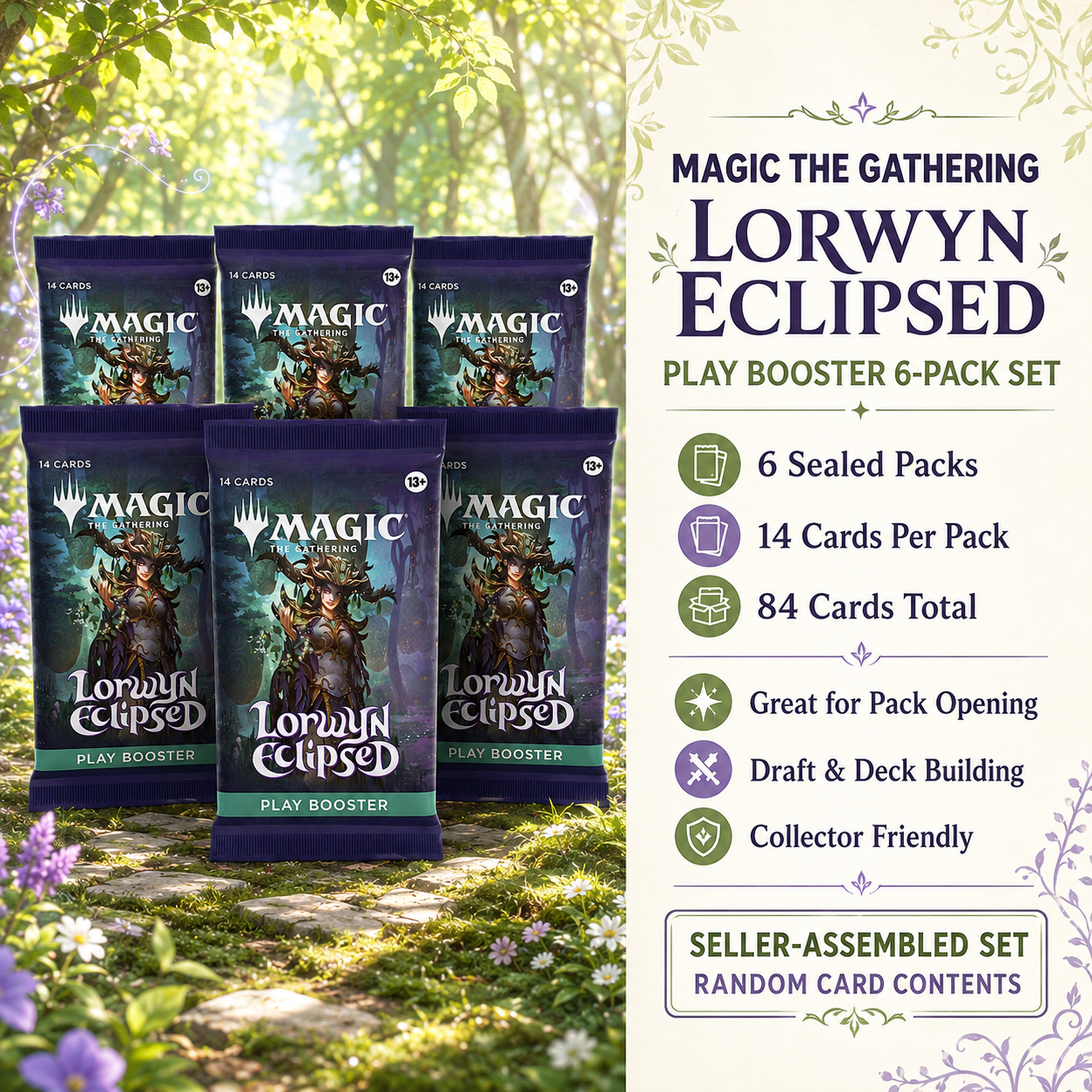 Magic The Gathering Lorwyn Eclipsed Play Booster 6-Pack Lot, 6 Sealed MTG Booster Packs, 14 Cards Per Pack, Fantasy Trading Card Pack Set for Pack Opening, Draft, Deck Building and Gift