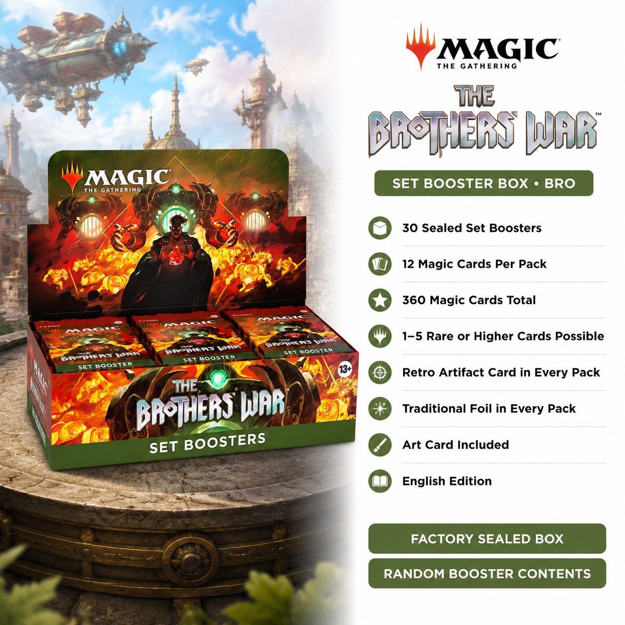 Magic: The Gathering The Brothers’ War BRO Set Booster Box English Edition, 30-Pack Factory Sealed MTG Booster Display, Retro Artifact TCG Collectible Cards for Pack Opening, Deck Building, Card Collection and Gift